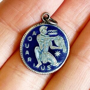 Aquarius Zodiac Sterling Charm Pendant - Navy Blue & Silver